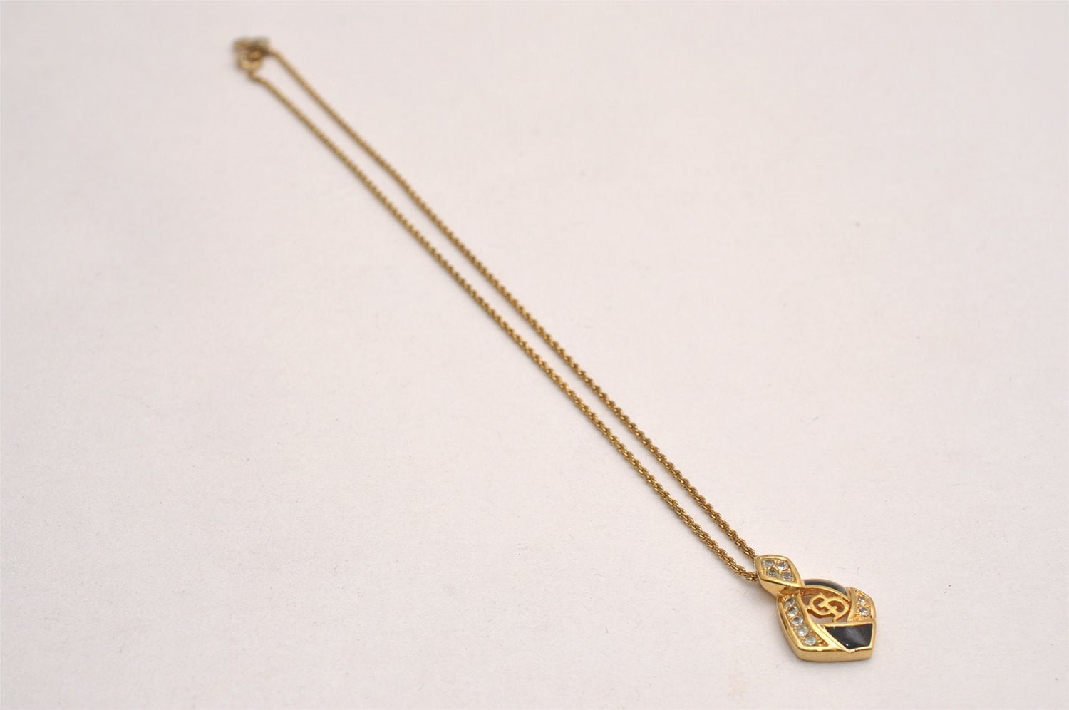 Authentic Christian Dior Gold Tone Chain Rhinestone Pendant Necklace CD 3884J