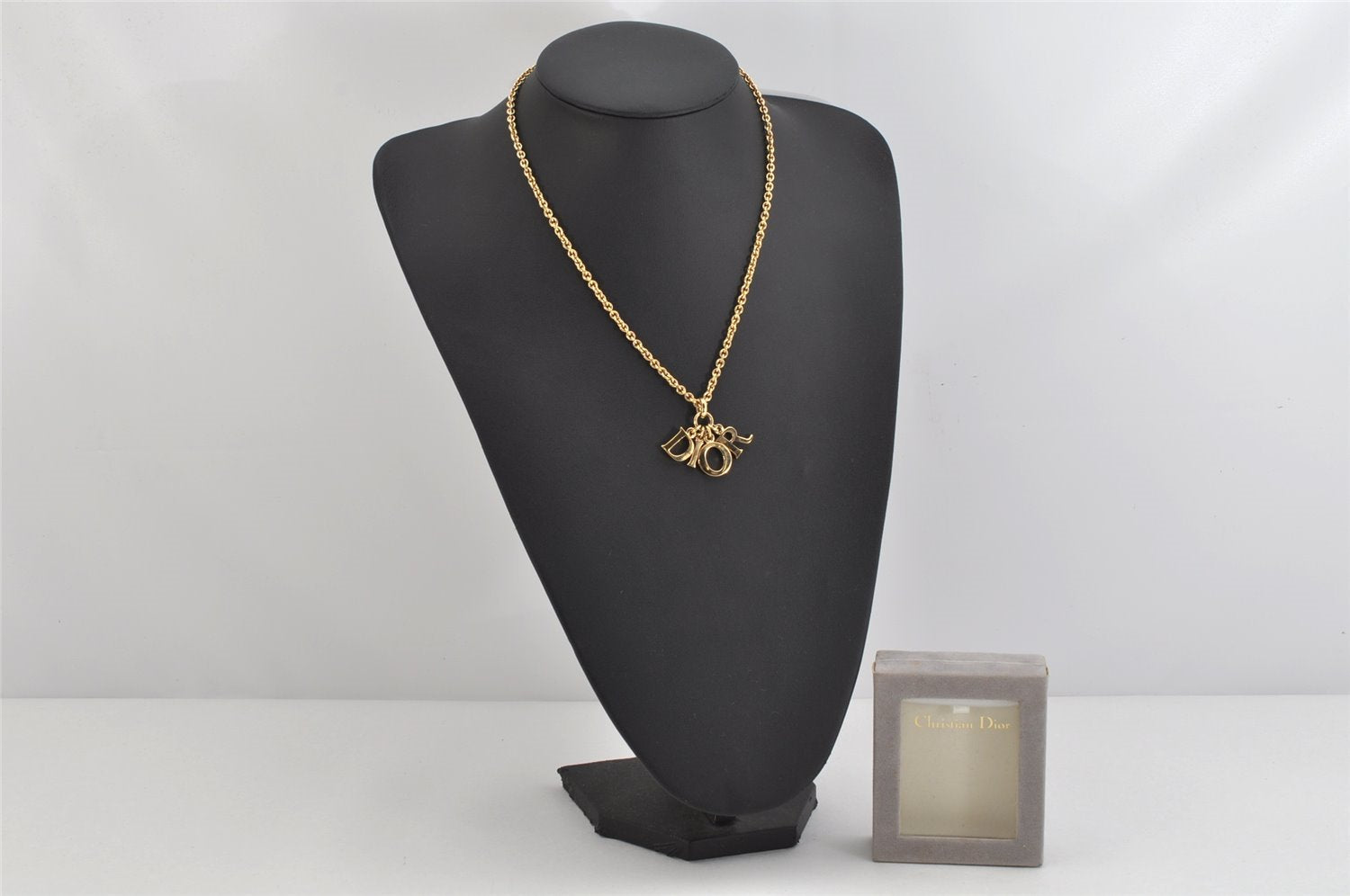 Authentic Christian Dior Gold Tone Chain Pendant Necklace CD Box 3891K