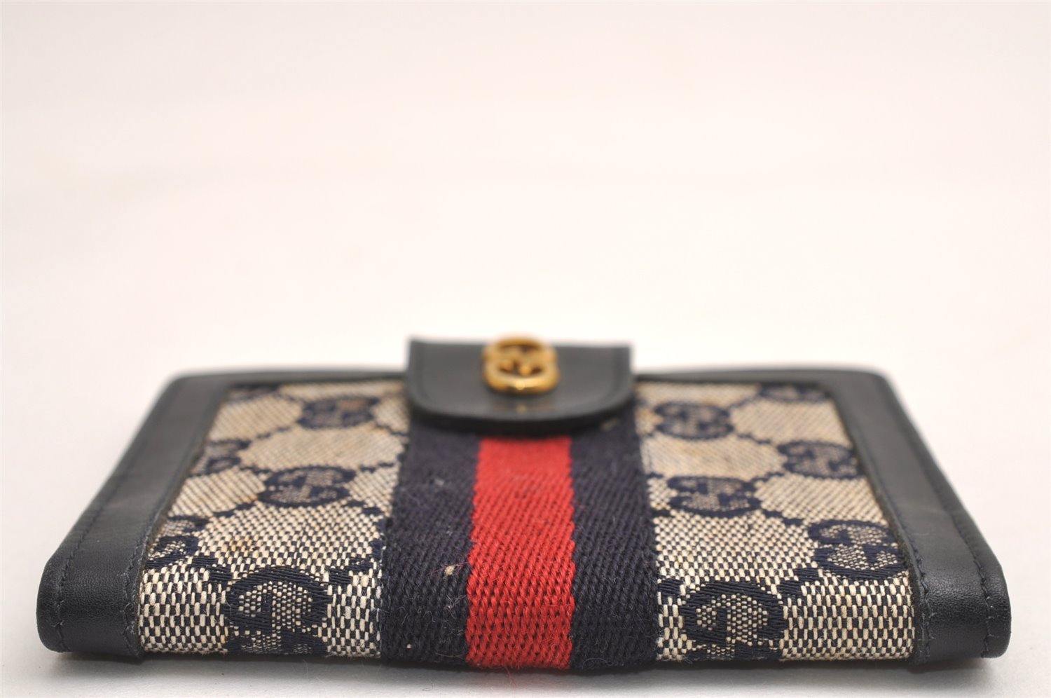 Authentic GUCCI Sherry Line Bifold Wallet Purse Canvas Leather Navy Blue 3893J