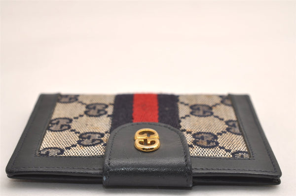 Authentic GUCCI Sherry Line Bifold Wallet Purse Canvas Leather Navy Blue 3893J