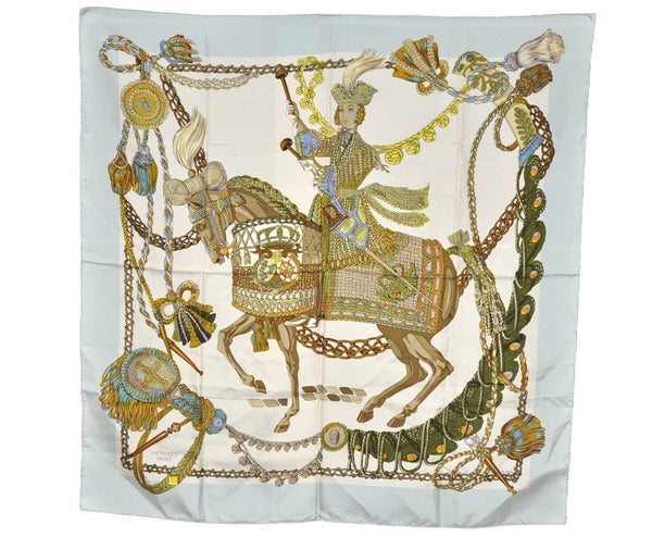 Authentic HERMES Carre 90 Scarf "Le Timbalier" Silk Light Blue 3895J