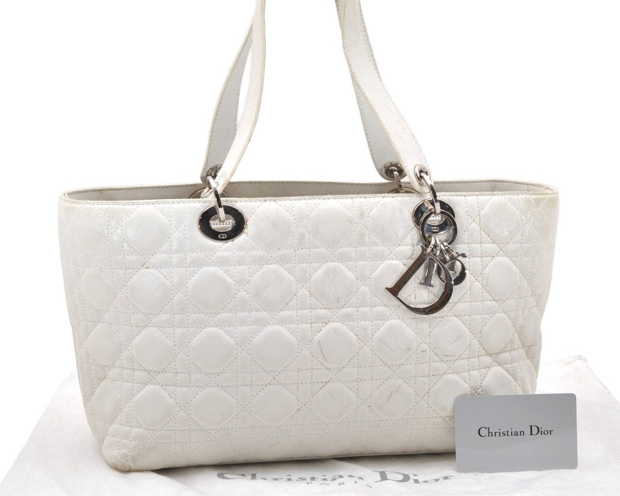 Authentic Christian Dior Lady Dior Lamb Skin Cannage Hand Bag White CD 3895K