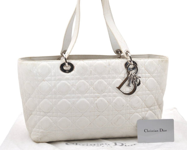 Authentic Christian Dior Lady Dior Lamb Skin Cannage Hand Bag White CD 3895K