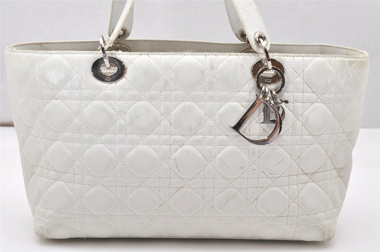 Authentic Christian Dior Lady Dior Lamb Skin Cannage Hand Bag White CD 3895K
