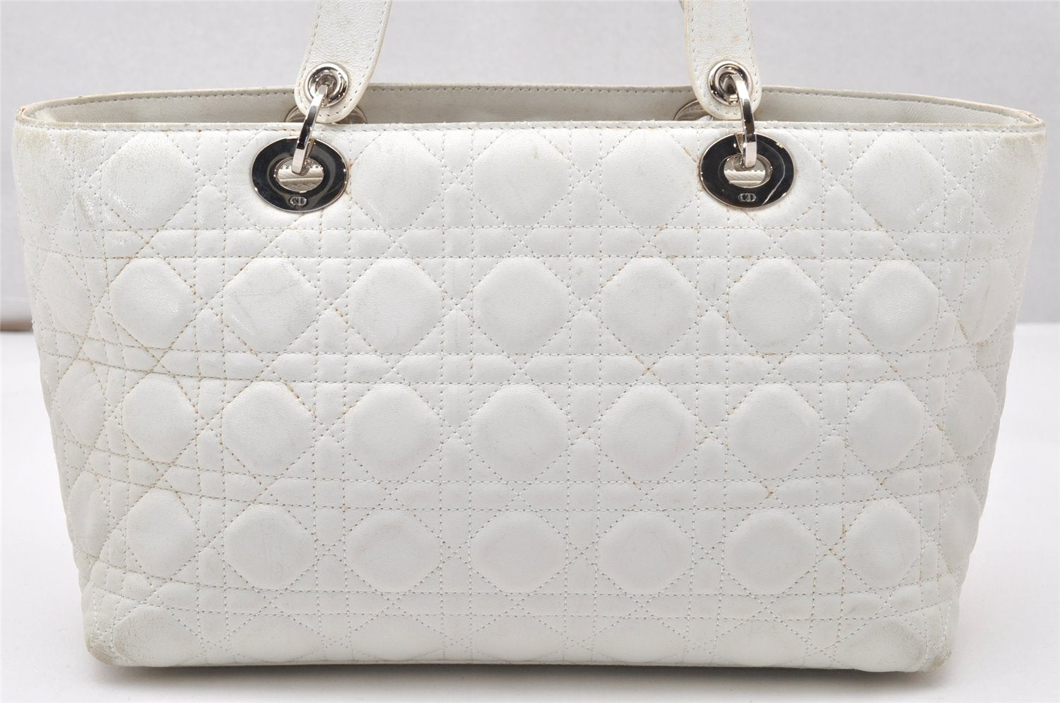 Authentic Christian Dior Lady Dior Lamb Skin Cannage Hand Bag White CD 3895K