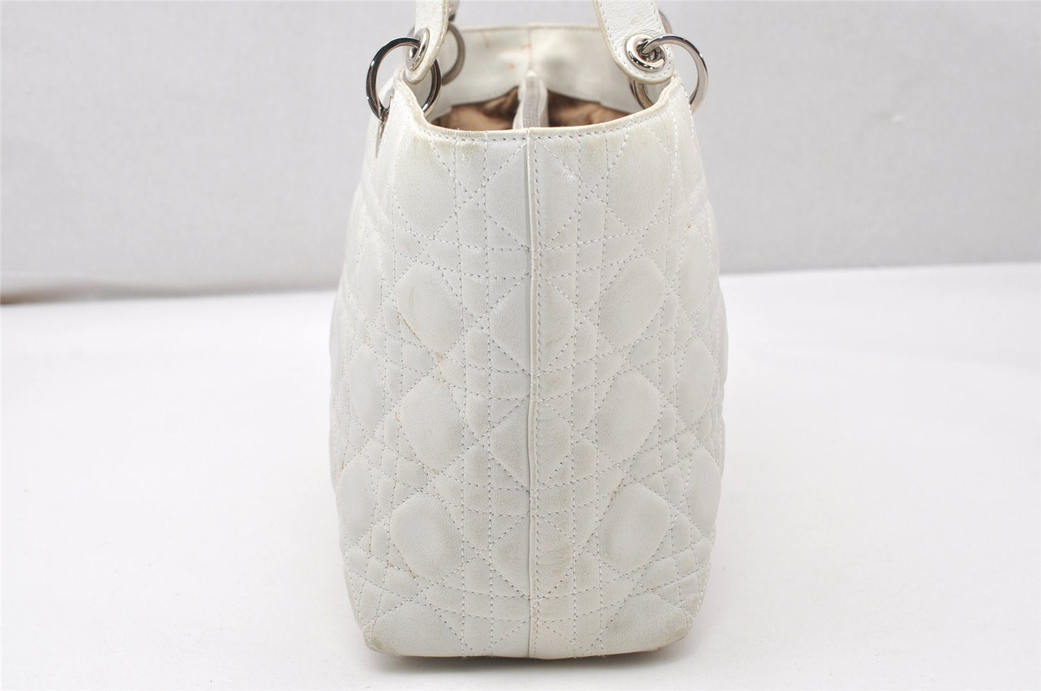 Authentic Christian Dior Lady Dior Lamb Skin Cannage Hand Bag White CD 3895K