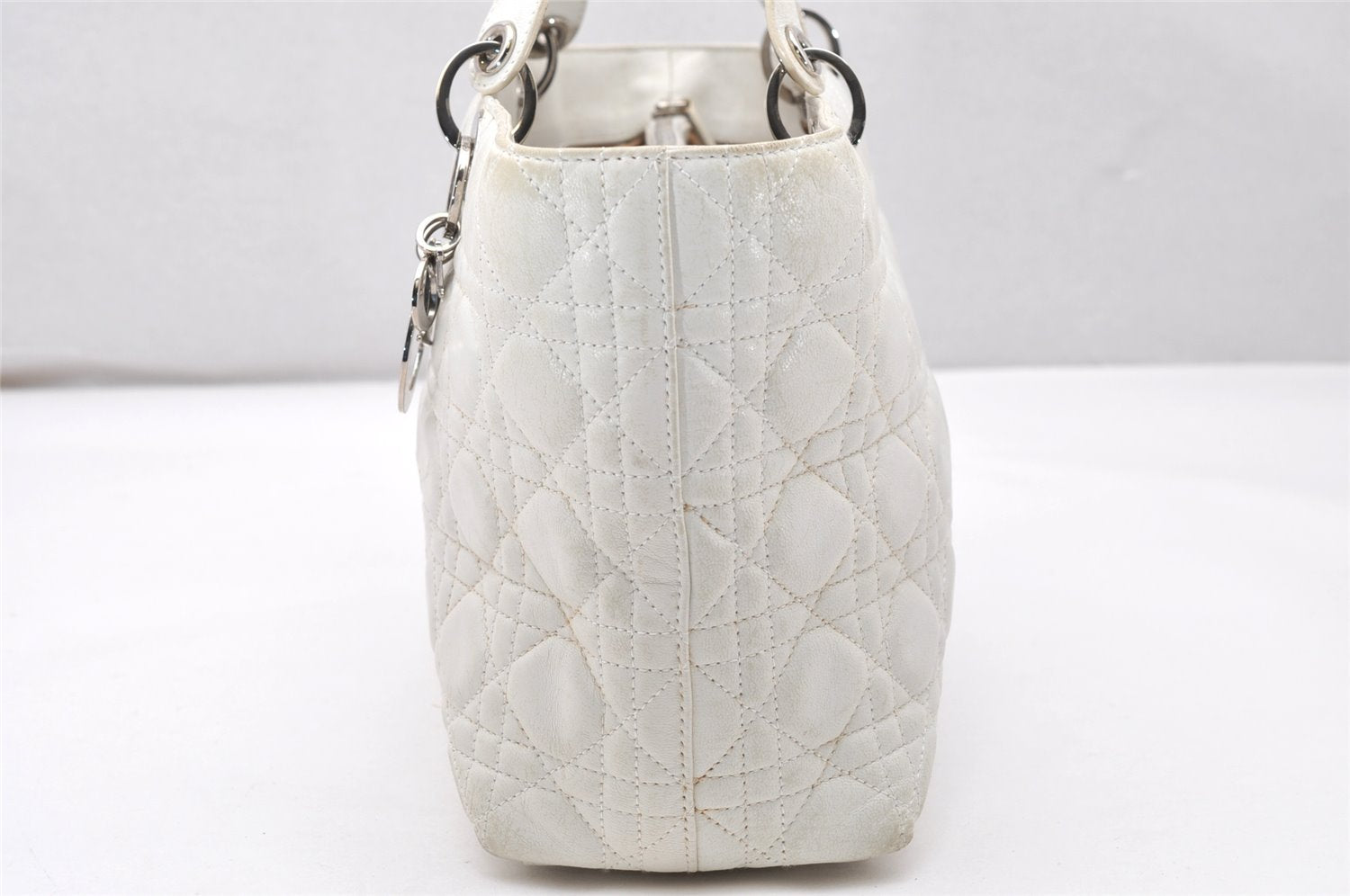 Authentic Christian Dior Lady Dior Lamb Skin Cannage Hand Bag White CD 3895K