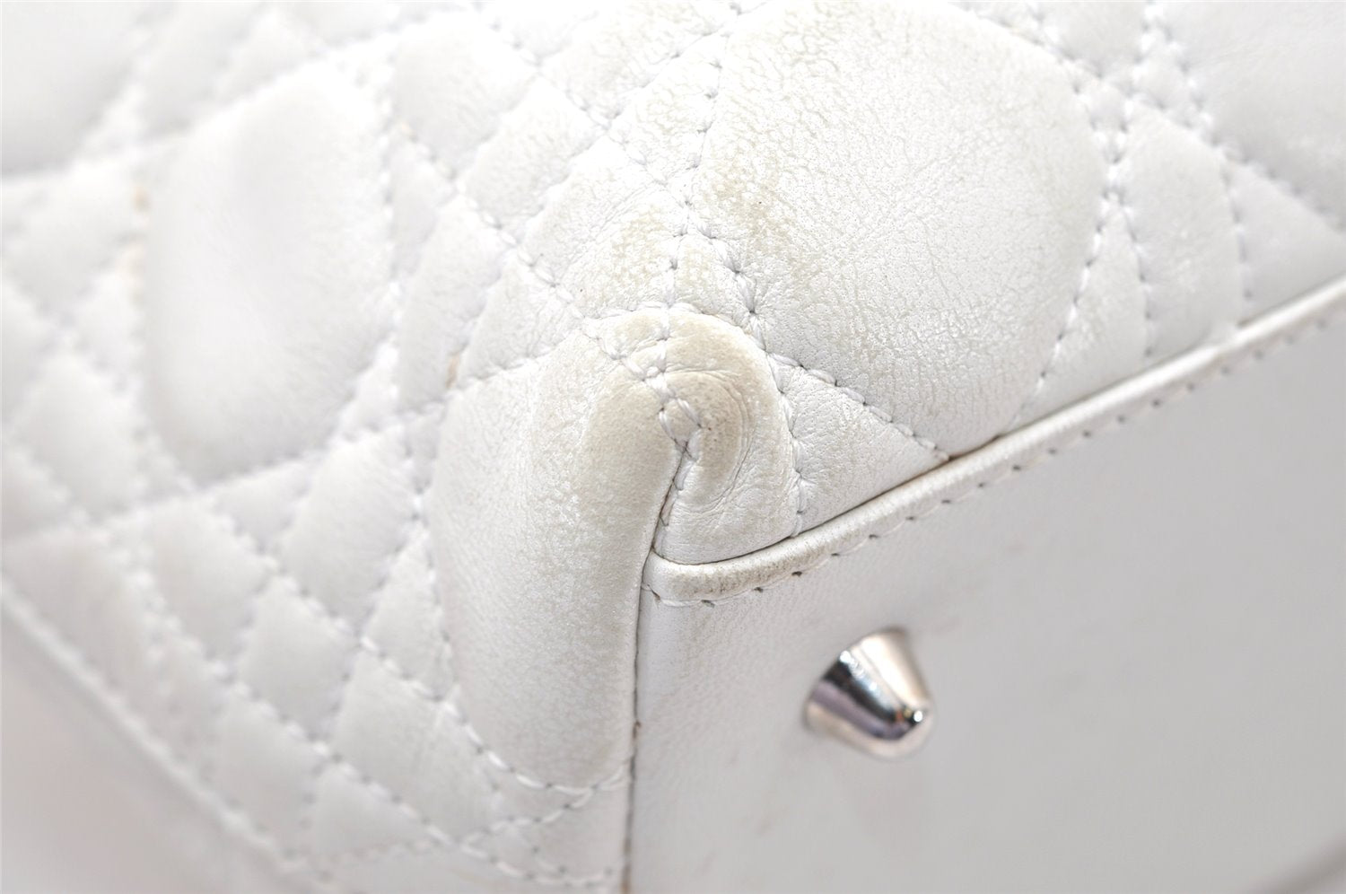 Authentic Christian Dior Lady Dior Lamb Skin Cannage Hand Bag White CD 3895K