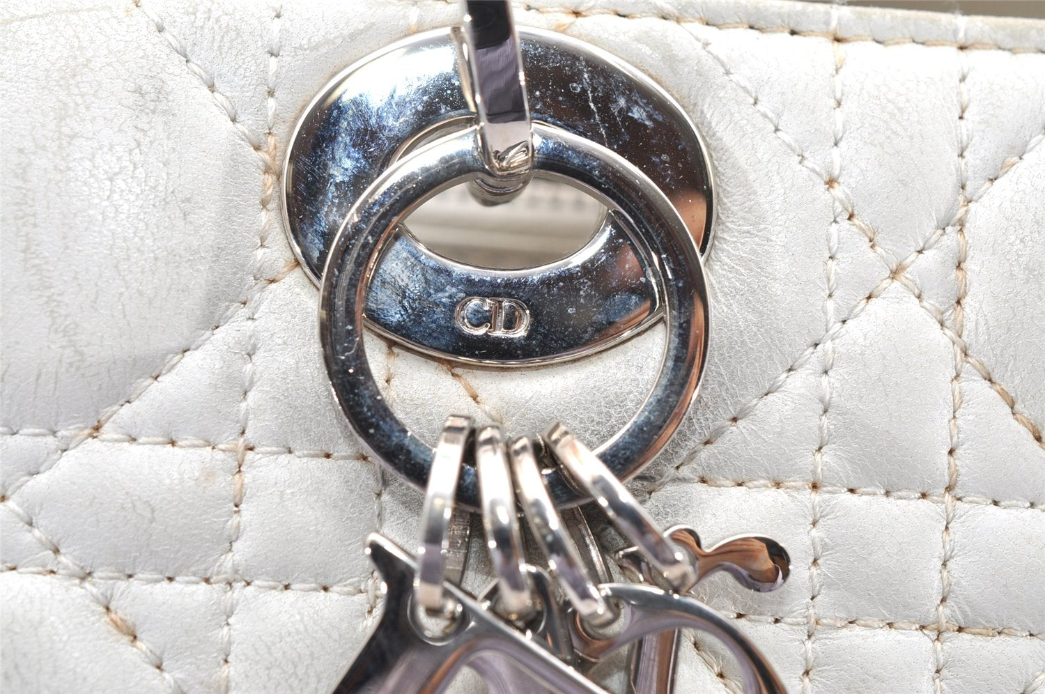 Authentic Christian Dior Lady Dior Lamb Skin Cannage Hand Bag White CD 3895K