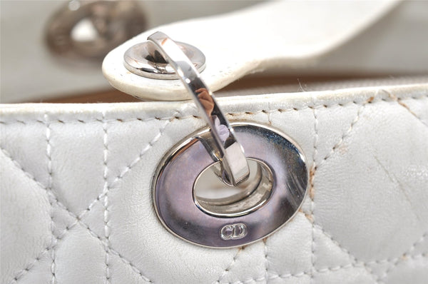 Authentic Christian Dior Lady Dior Lamb Skin Cannage Hand Bag White CD 3895K