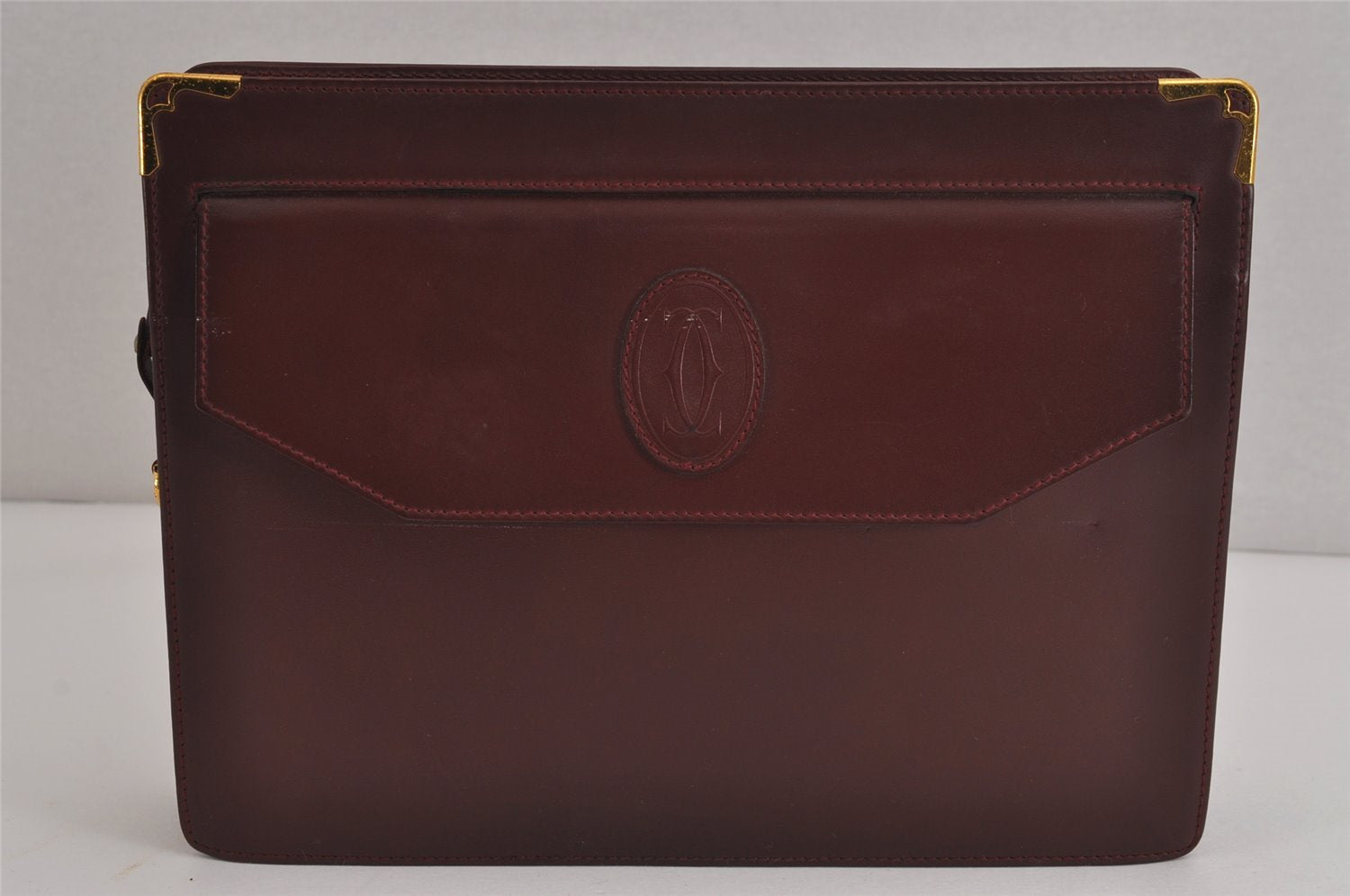 Authentic Cartier Must de Cartier Clutch Bag Purse Leather Bordeaux Red 3904J