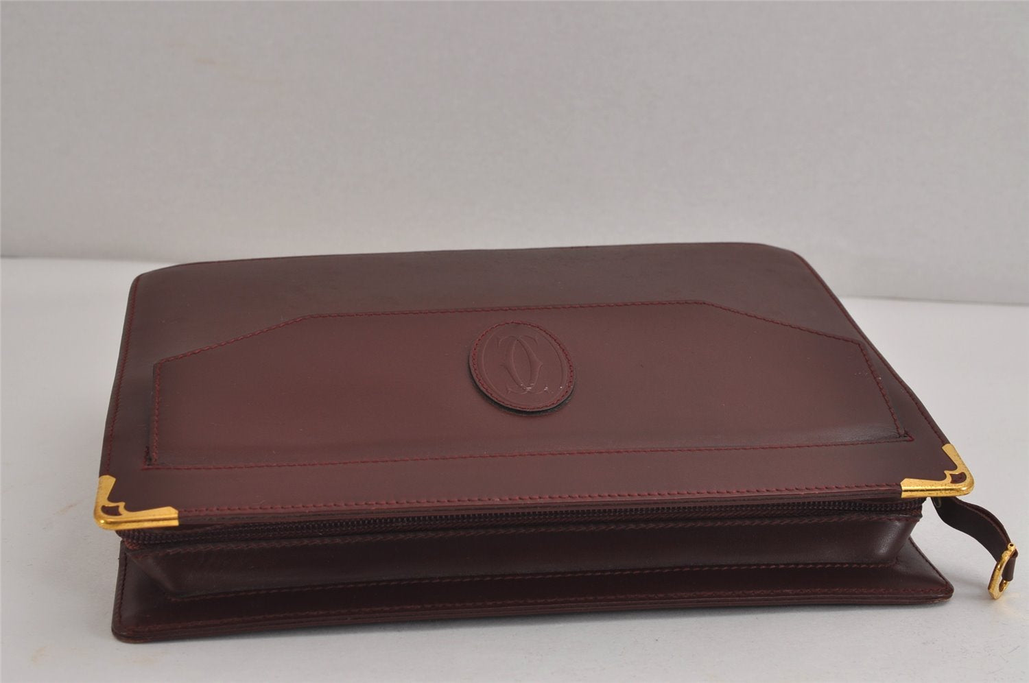 Authentic Cartier Must de Cartier Clutch Bag Purse Leather Bordeaux Red 3904J