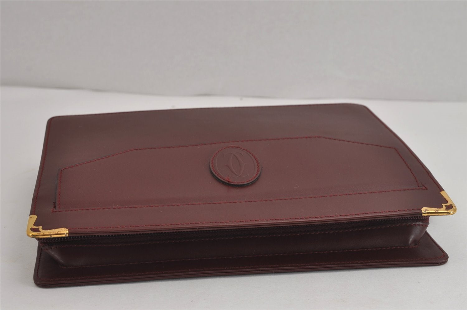 Authentic Cartier Must de Cartier Clutch Bag Purse Leather Bordeaux Red 3905J