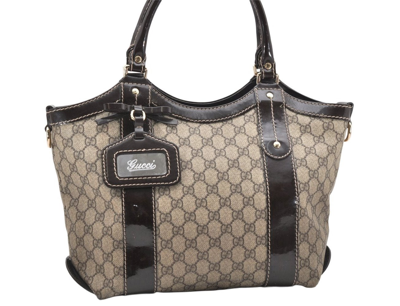 Authentic GUCCI Vintage 2Way Shoulder Tote Bag GG PVC Enamel 203521 Brown 3906K