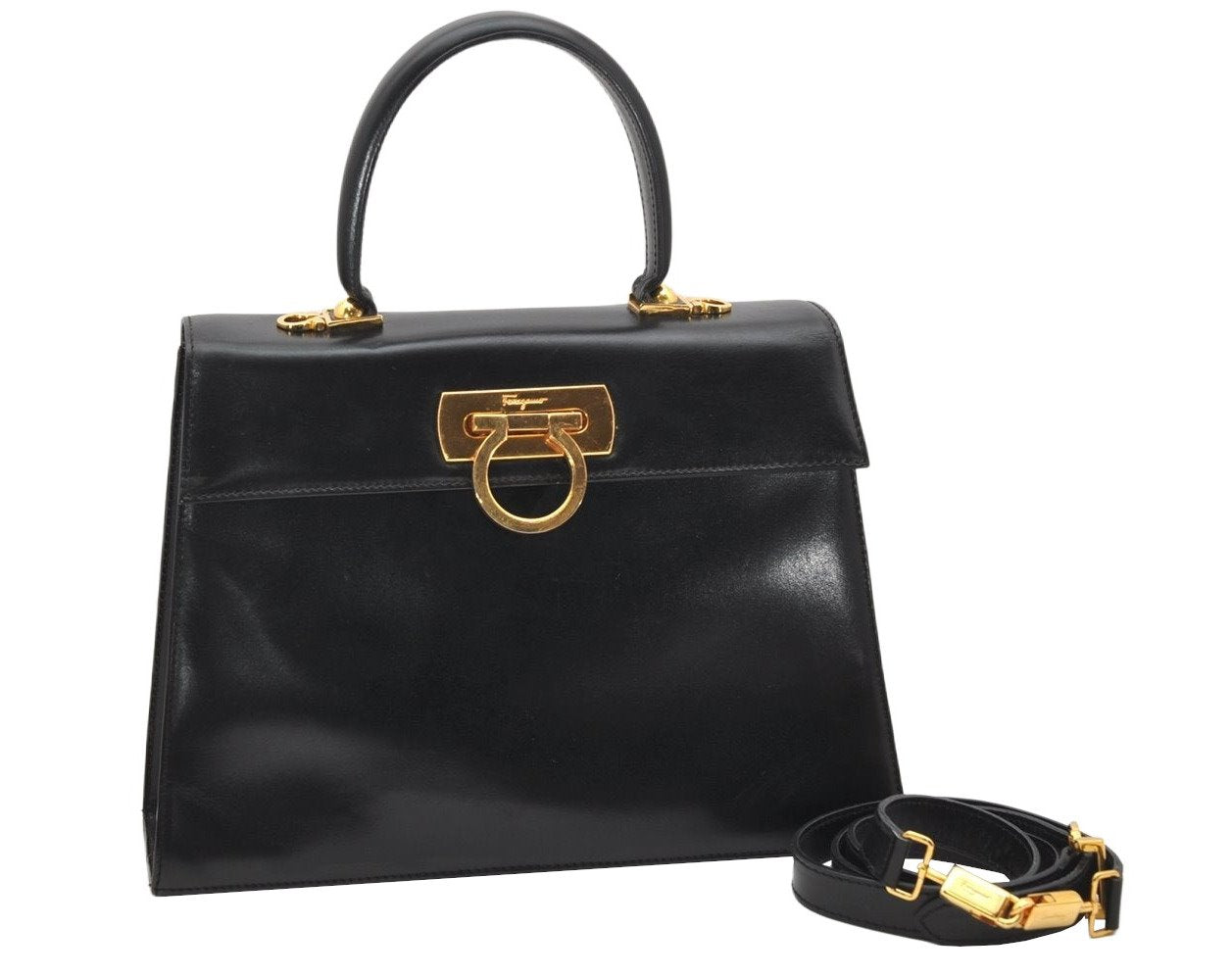 Authentic Salvatore Ferragamo Gancini Leather 2Way Shoulder Hand Bag Black 3907K