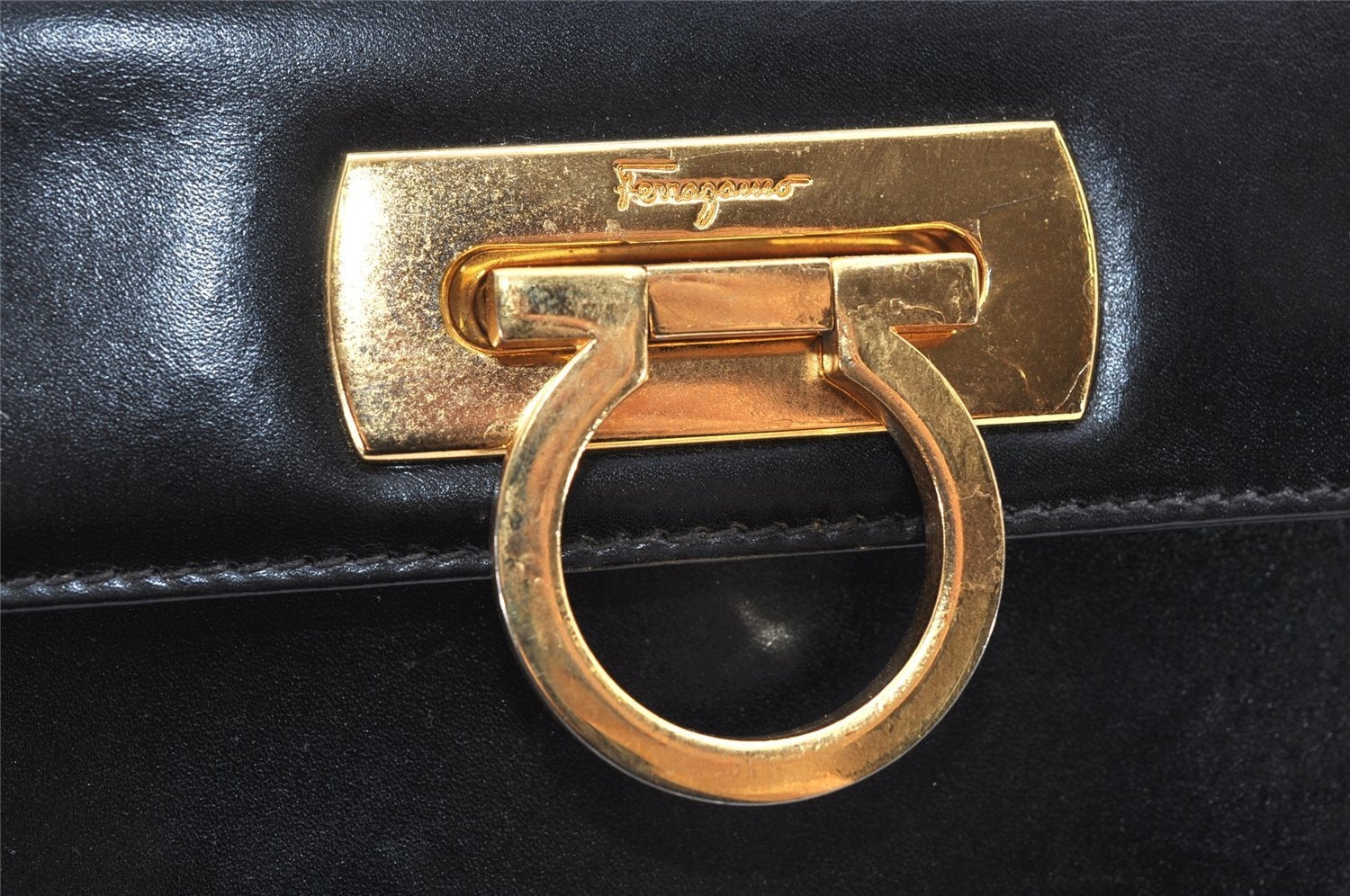 Authentic Salvatore Ferragamo Gancini Leather 2Way Shoulder Hand Bag Black 3907K