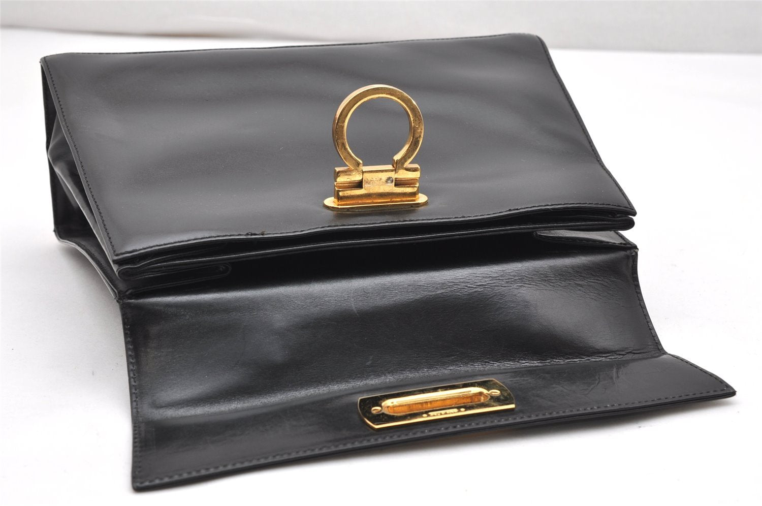 Authentic Salvatore Ferragamo Gancini Leather 2Way Shoulder Hand Bag Black 3907K