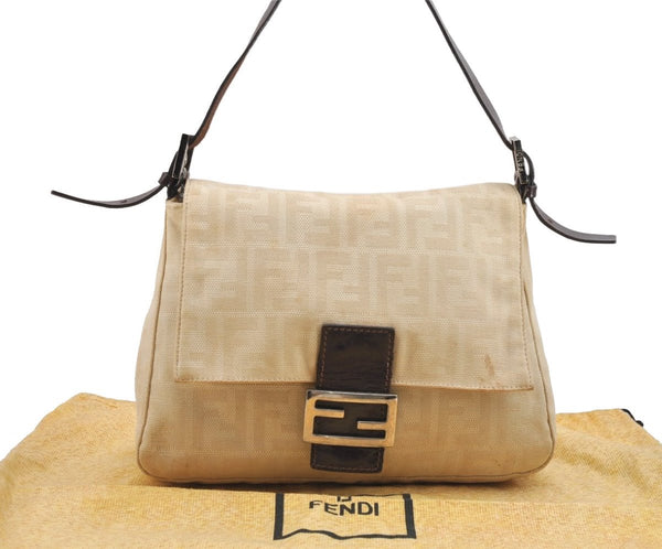 Authentic FENDI Zucca Mamma Baguette Shoulder Bag Canvas Leather Beige 3908K