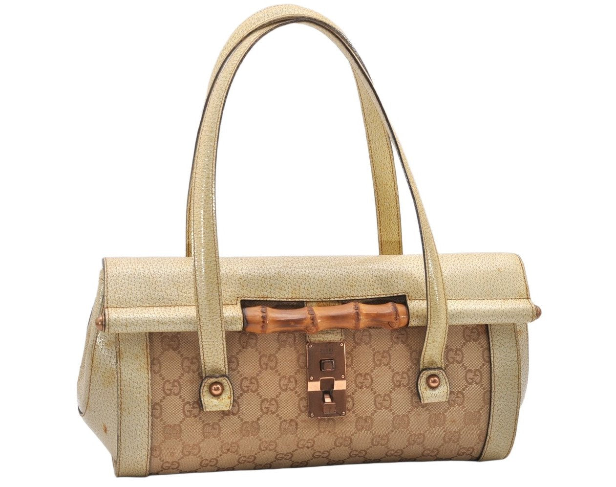 Authentic GUCCI Bamboo Hand Shoulder Bag GG Canvas Leather 111713 Beige 3909K