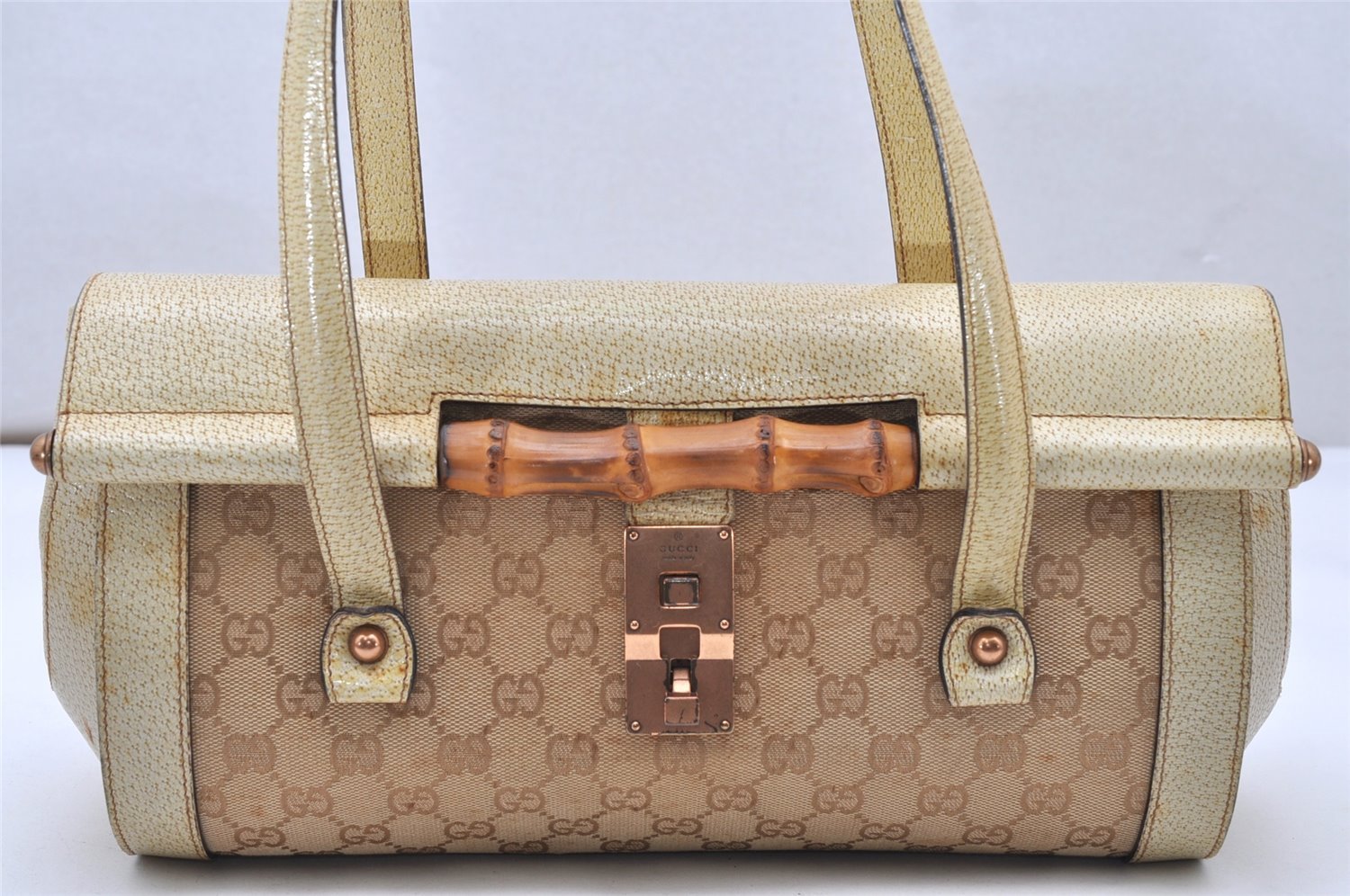 Authentic GUCCI Bamboo Hand Shoulder Bag GG Canvas Leather 111713 Beige 3909K