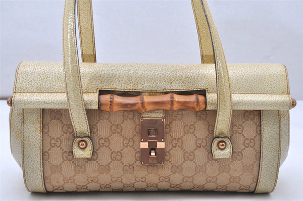 Authentic GUCCI Bamboo Hand Shoulder Bag GG Canvas Leather 111713 Beige 3909K