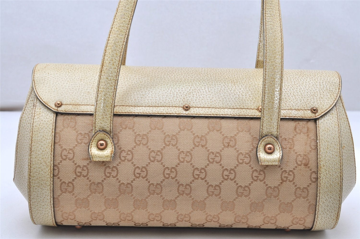 Authentic GUCCI Bamboo Hand Shoulder Bag GG Canvas Leather 111713 Beige 3909K