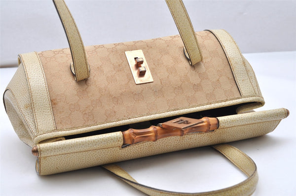 Authentic GUCCI Bamboo Hand Shoulder Bag GG Canvas Leather 111713 Beige 3909K