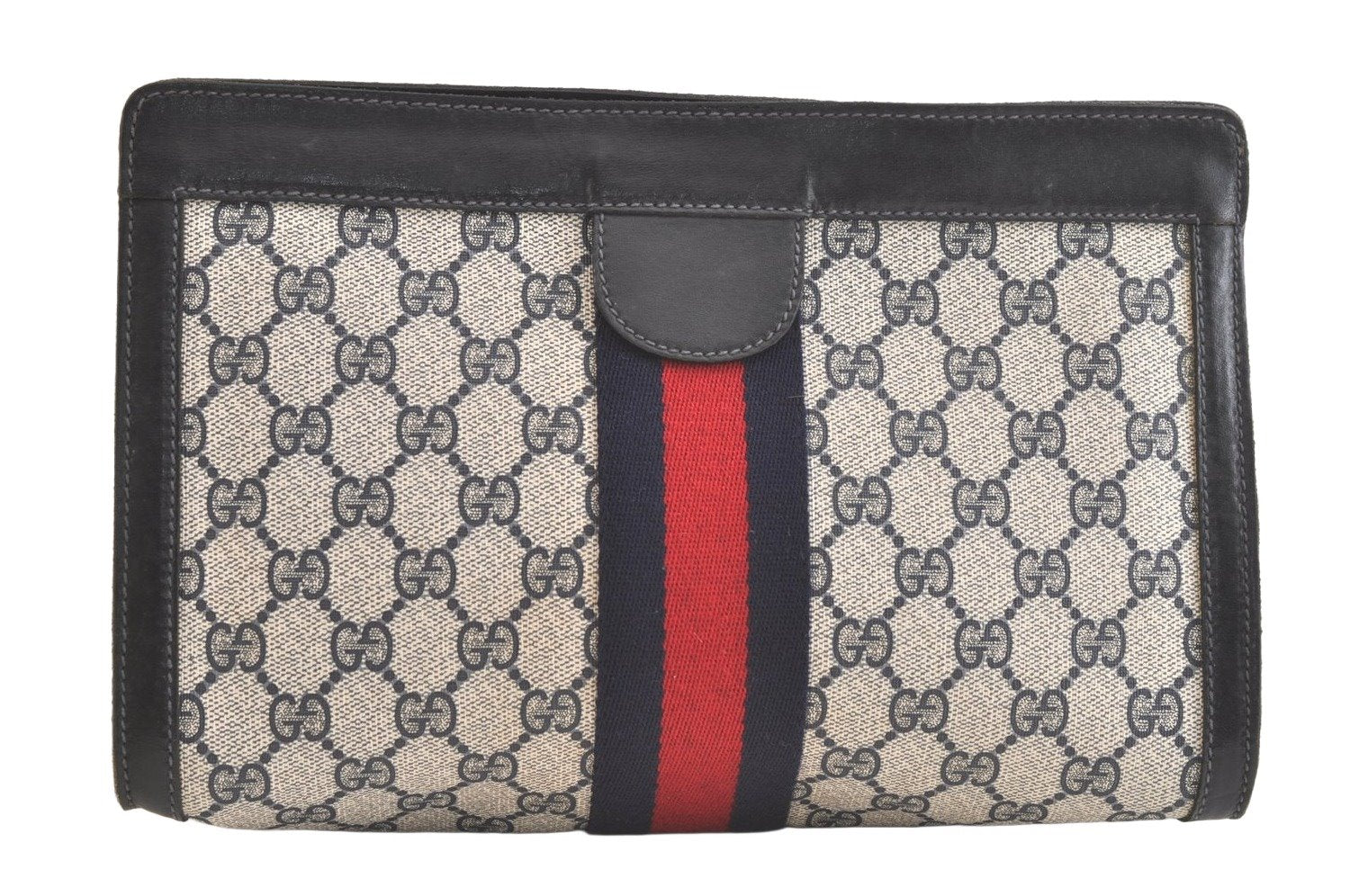 Authentic GUCCI Sherry Line Clutch Hand Bag GG PVC Leather Navy Blue Junk 3910K