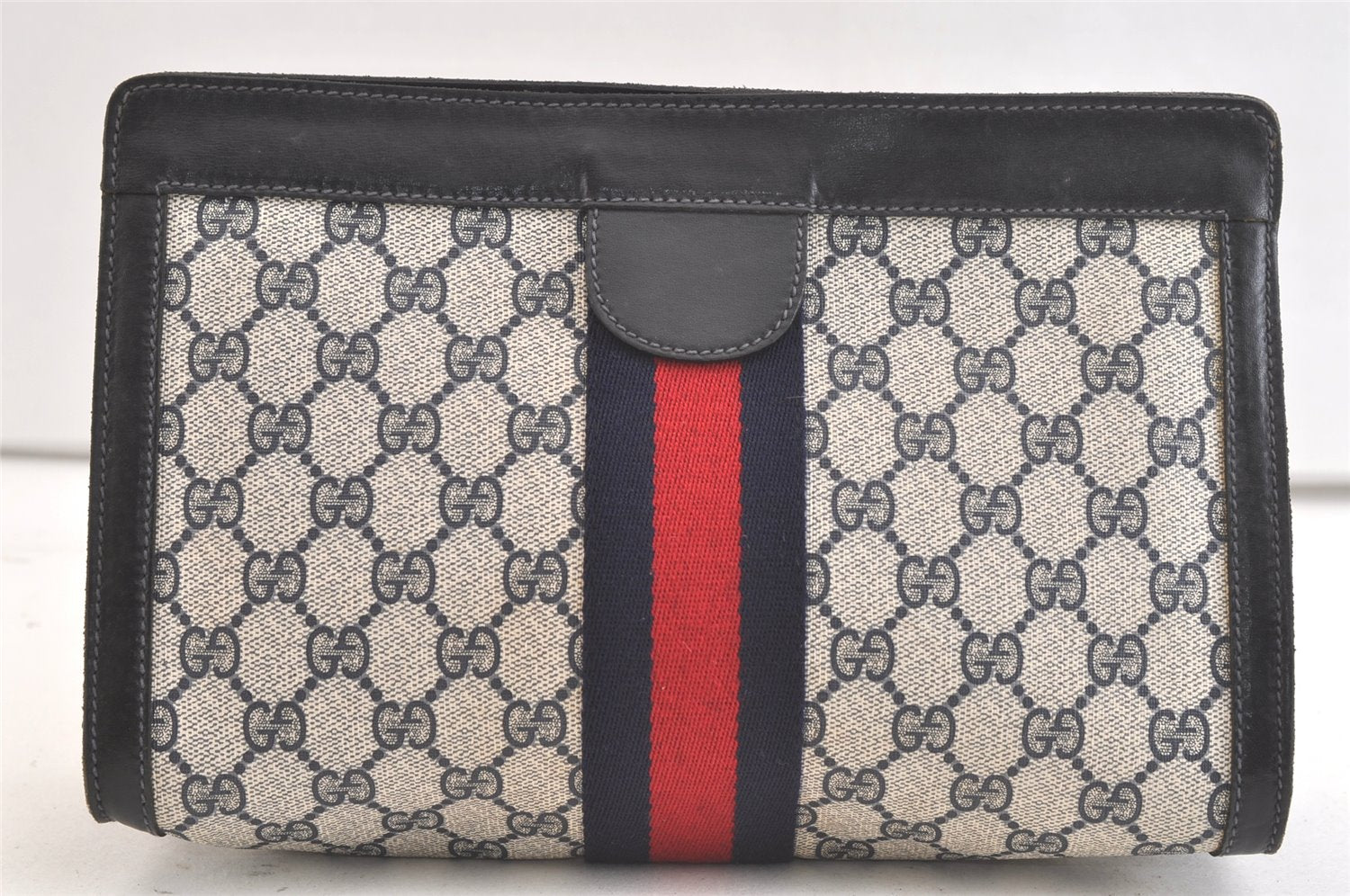 Authentic GUCCI Sherry Line Clutch Hand Bag GG PVC Leather Navy Blue Junk 3910K