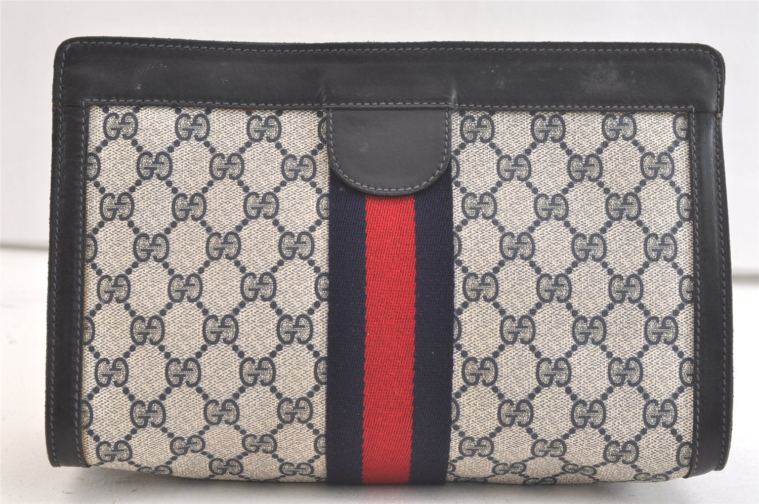 Authentic GUCCI Sherry Line Clutch Hand Bag GG PVC Leather Navy Blue Junk 3910K