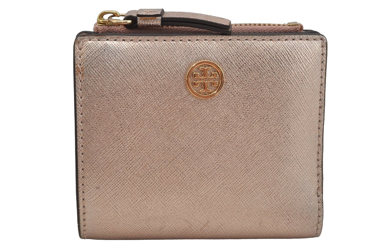 Authentic TORY BURCH Robinson Bifold Wallet Purse Leather Pink Gold 3911J