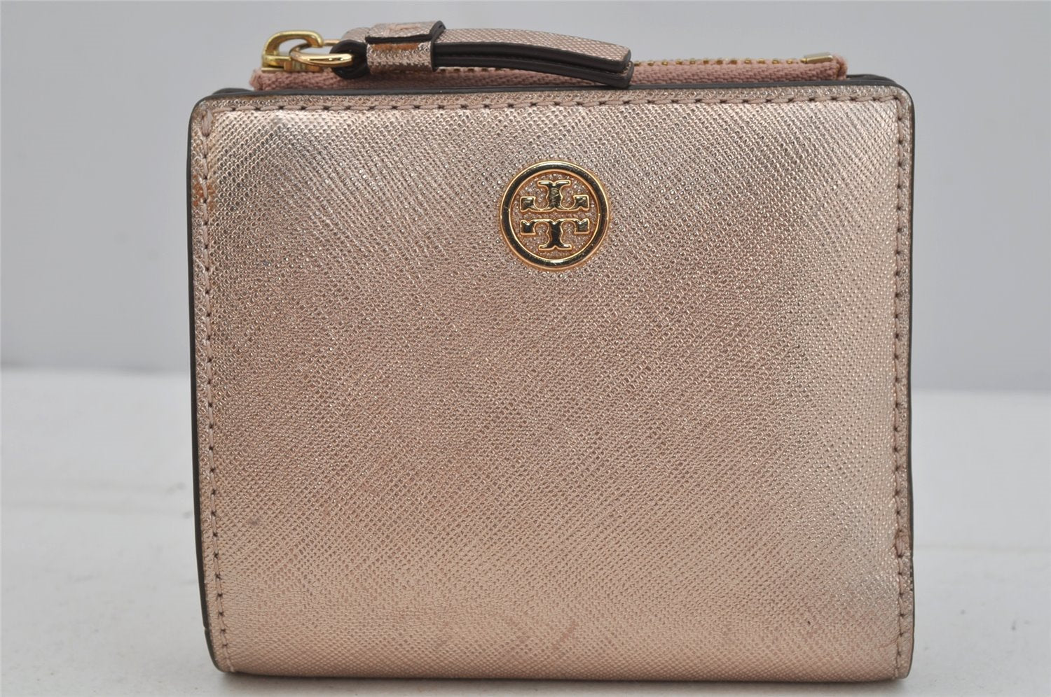Authentic TORY BURCH Robinson Bifold Wallet Purse Leather Pink Gold 3911J