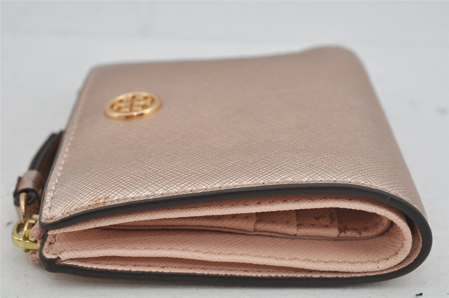 Authentic TORY BURCH Robinson Bifold Wallet Purse Leather Pink Gold 3911J