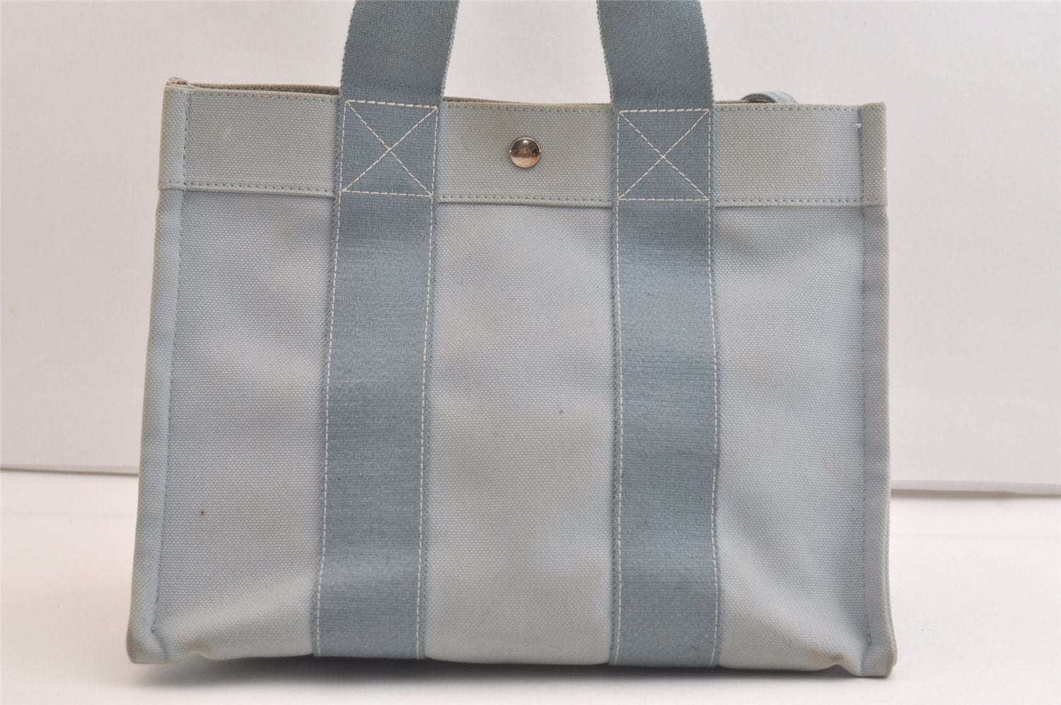 Authentic HERMES Vintage Coquillage PM Hand Tote Bag Canvas Light Blue 3916K