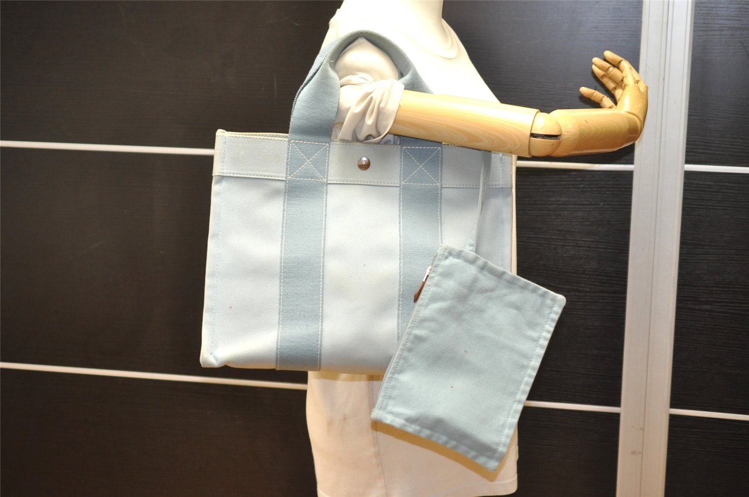 Authentic HERMES Vintage Coquillage PM Hand Tote Bag Canvas Light Blue 3916K