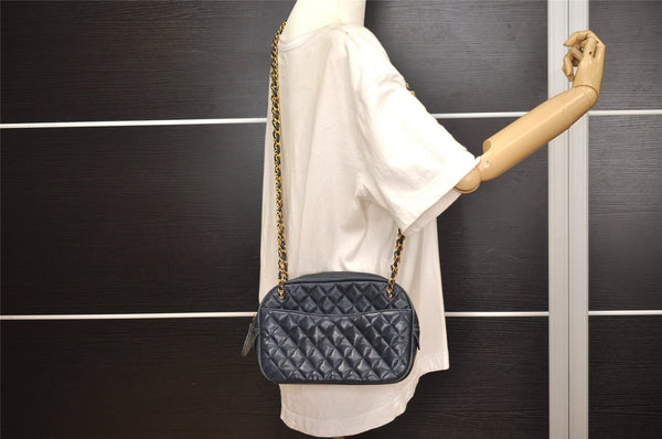 Authentic CHANEL Calf Skin Matelasse Chain Shoulder Cross Bag Navy CC Junk 3917J