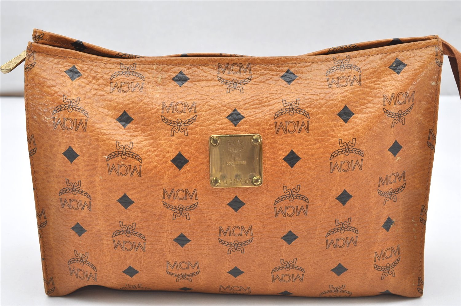 Authentic MCM Visetos Leather Vintage Clutch Hand Bag Purse Brown 3918K