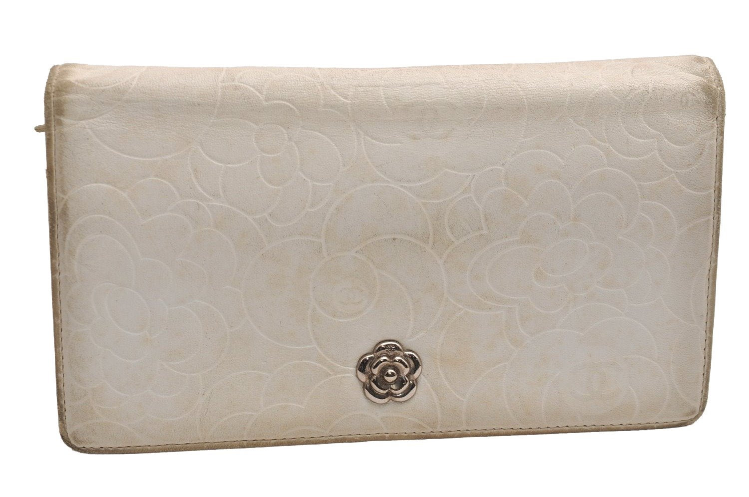 Authentic CHANEL Camellia Calf Skin CC Logo Long Wallet Purse White 3922J