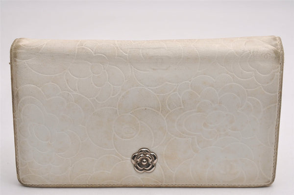 Authentic CHANEL Camellia Calf Skin CC Logo Long Wallet Purse White 3922J