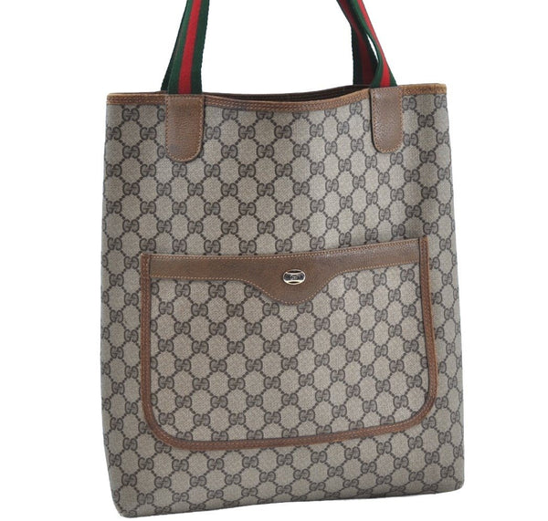 Authentic GUCCI Web Sherry Line Shoulder Tote Bag GG PVC Leather Brown 3927H