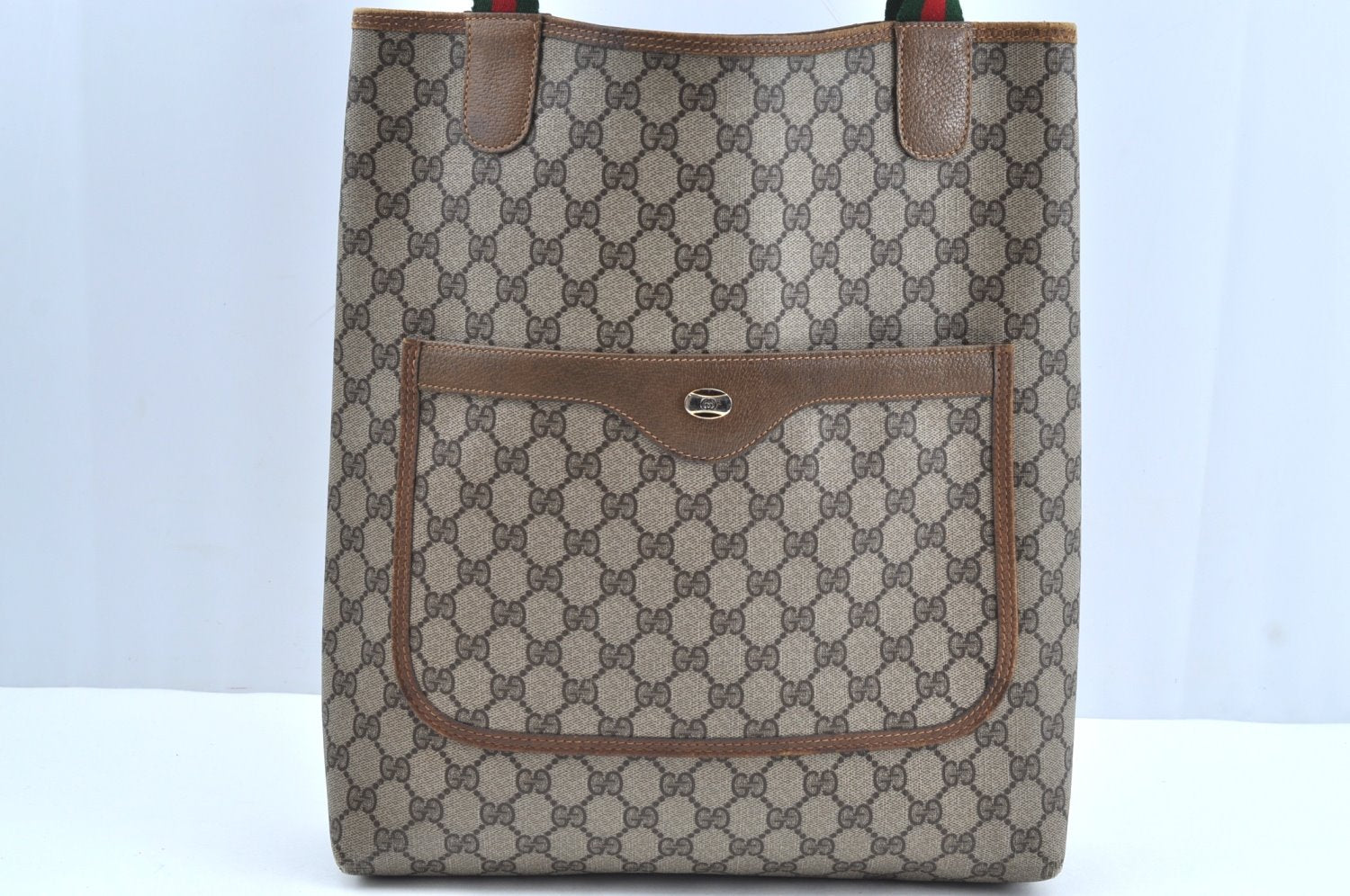 Authentic GUCCI Web Sherry Line Shoulder Tote Bag GG PVC Leather Brown 3927H