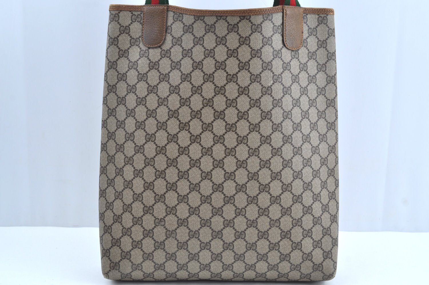 Authentic GUCCI Web Sherry Line Shoulder Tote Bag GG PVC Leather Brown 3927H