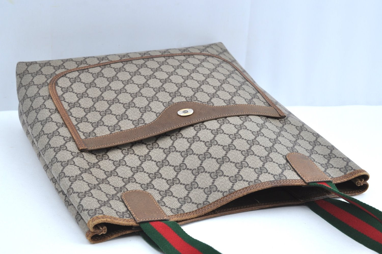 Authentic GUCCI Web Sherry Line Shoulder Tote Bag GG PVC Leather Brown 3927H