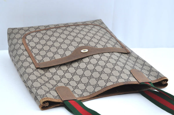 Authentic GUCCI Web Sherry Line Shoulder Tote Bag GG PVC Leather Brown 3927H
