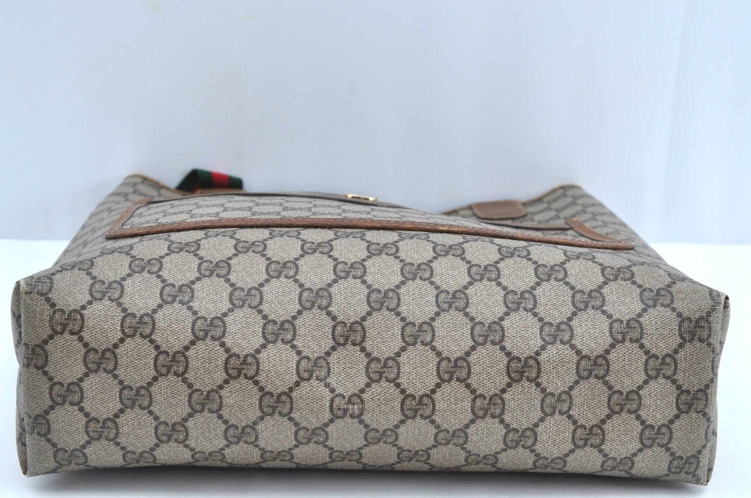 Authentic GUCCI Web Sherry Line Shoulder Tote Bag GG PVC Leather Brown 3927H