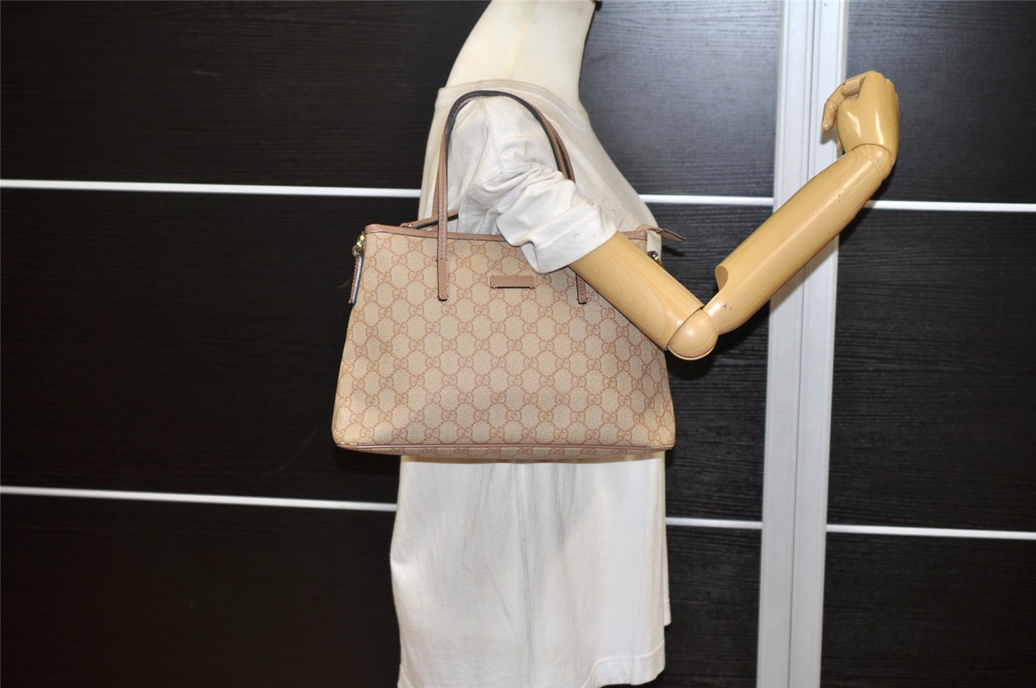 Authentic GUCCI Vintage 2Way Shoulder Tote Bag GG PVC Leather 353440 Beige 3933K