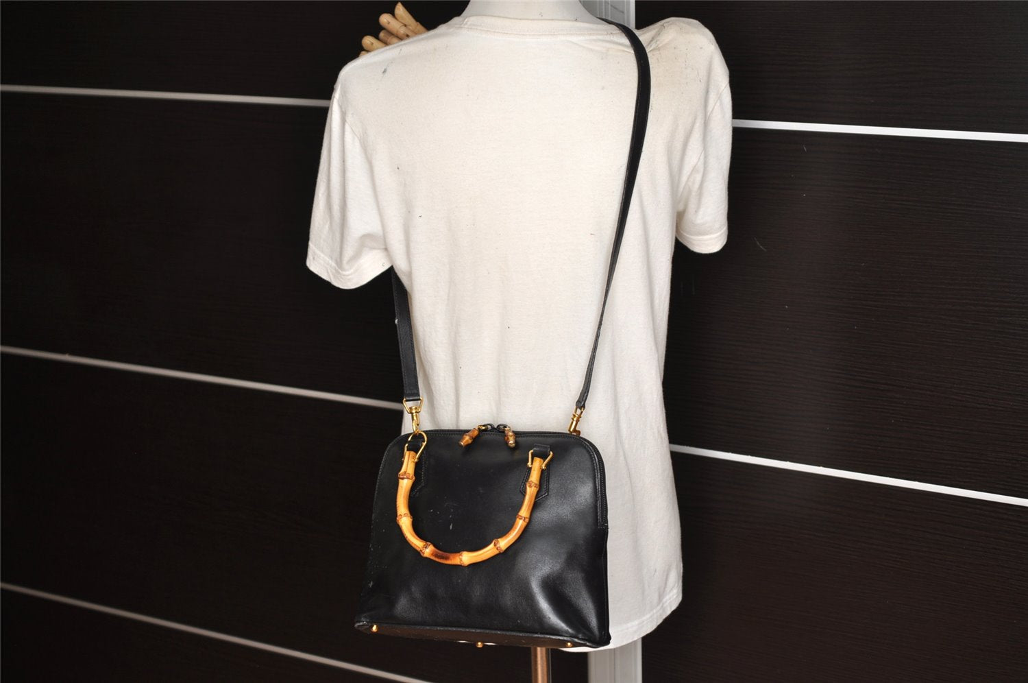 Authentic GUCCI Bamboo 2Way Shoulder Hand Bag Purse Leather Black Junk 3934K