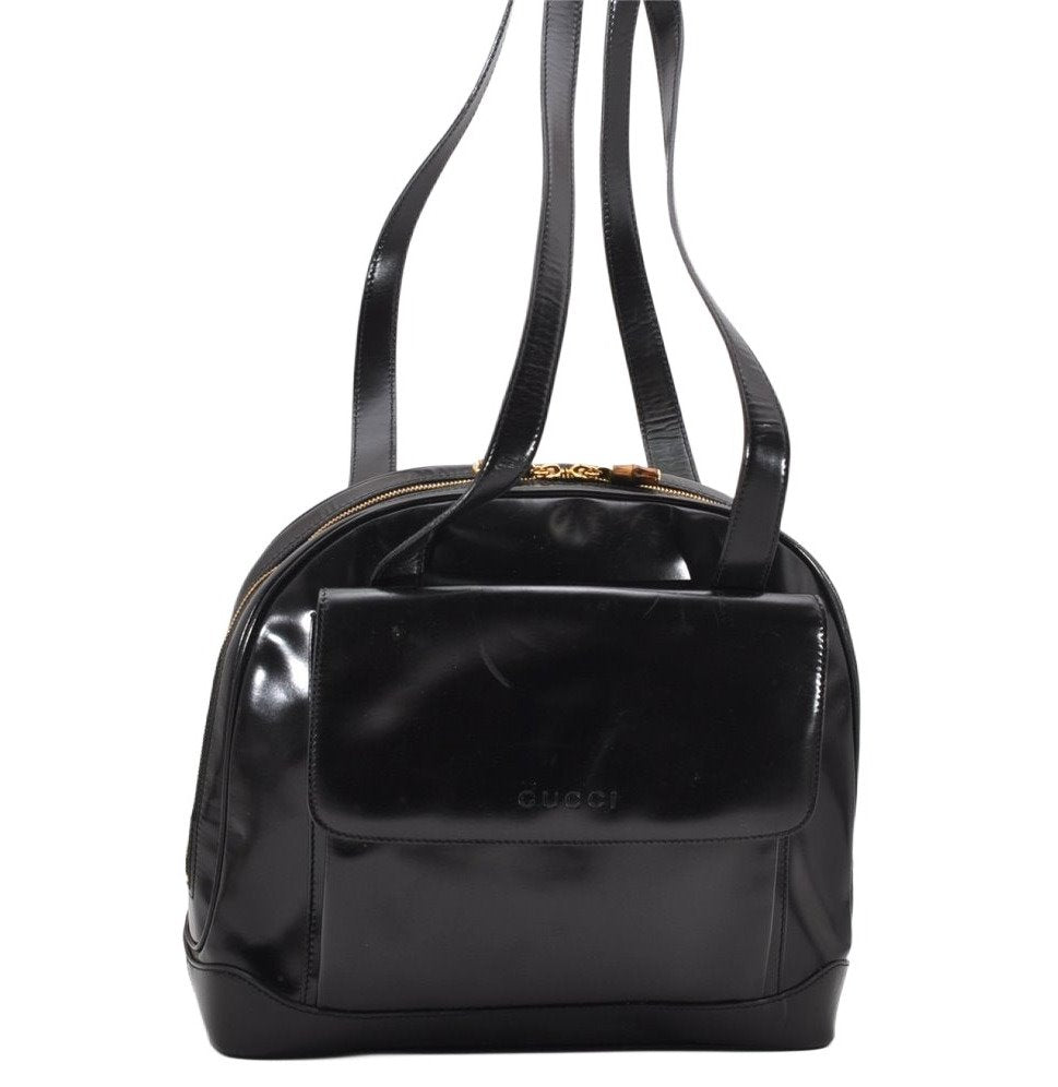 Authentic GUCCI Vintage Bamboo Shoulder Hand Bag Leather Black 3938K