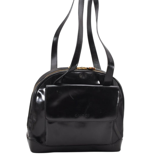 Authentic GUCCI Vintage Bamboo Shoulder Hand Bag Leather Black 3938K