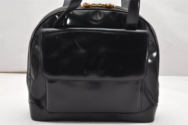 Authentic GUCCI Vintage Bamboo Shoulder Hand Bag Leather Black 3938K